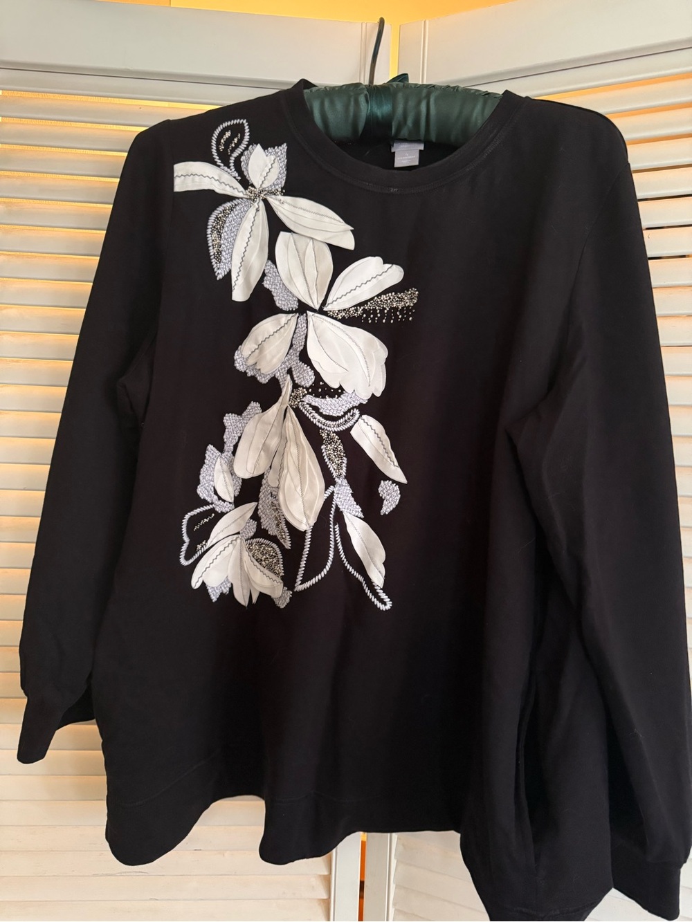 Chico's Black Sweatshirt with White Floral Applique
